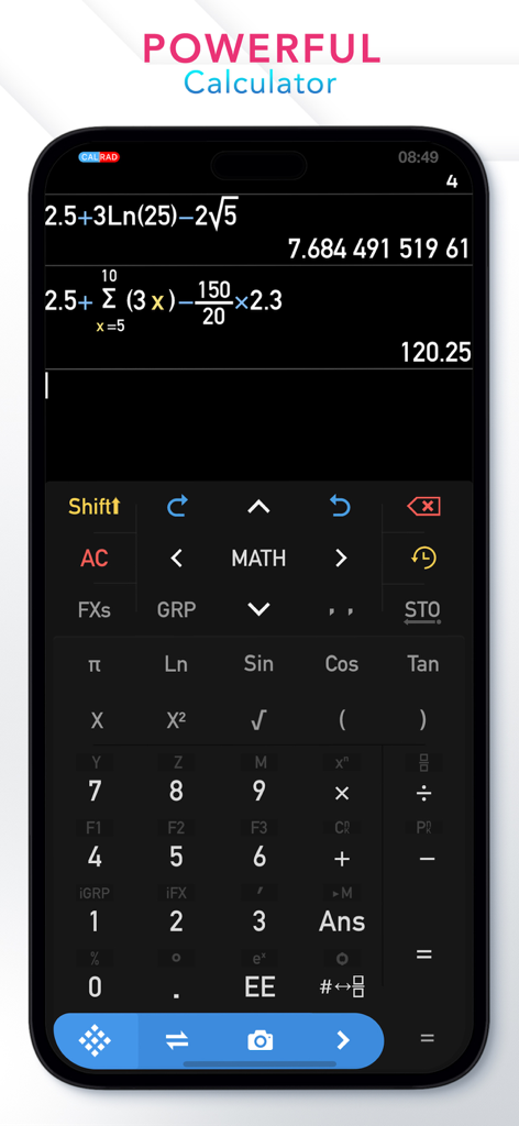 Calculator # - Pantalla de aplicación de calculadora científica con funciones y ecuaciones matemáticas avanzadas