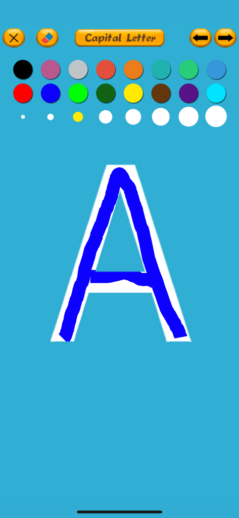Letter Tracing for English - Capital letter A traced in blue on the Letter Tracing for English app interface