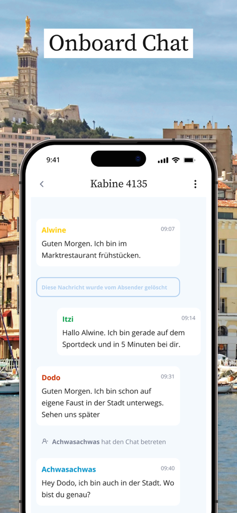 AIDA Cruises mobile app showing the onboard chat feature for guests to communicate while on vacation