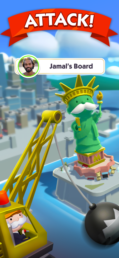 ミスター・モノポリーが、他のプレイヤーのボード上のランドマークを攻撃するために、巨大な鉄球を使用している様子。