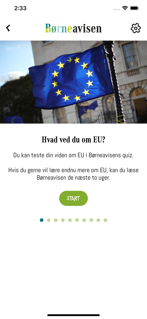 Tela do aplicativo Børneavisen mostrando um quiz de notícias sobre a UE com uma imagem da bandeira europeia e um botão iniciar.