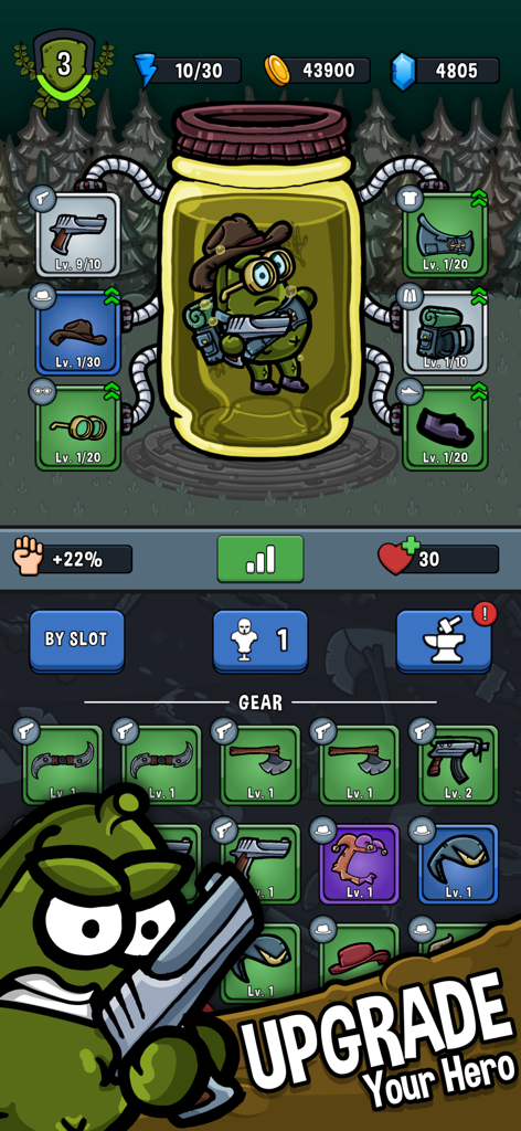 Pickle Pete: Survivor - Pickle Pete Survivor hero upgrade menu showing gear slots and weapon inventory