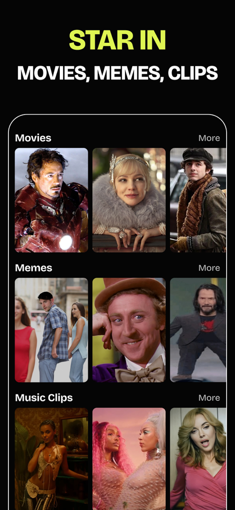 FaceSwap Studio: Video + Photo - Faceswap app screen showing movie and meme templates for face swapping