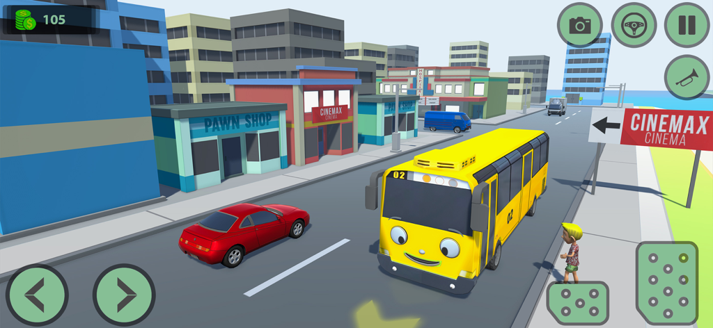 City Bus Race: Driving Games - Cartoon yellow bus with a face driving through a virtual city street with buildings and UI controls
