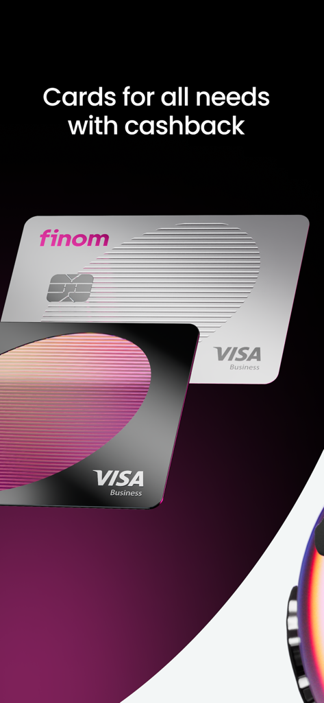 Zwei Finom Visa Business-Karten mit Text, der Cashback für alle geschäftlichen Bedürfnisse bewirbt