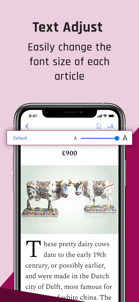 Homes & Antiques Magazine - Screenshot of the Homes and Antiques app showing the text adjust feature to change font size for better readability of articles.