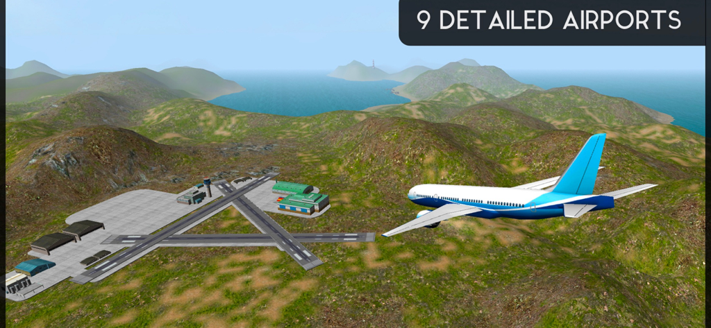 Avion Flight Simulator ™ - A blue airplane flying over hills towards a detailed airport in Avion Flight Simulator