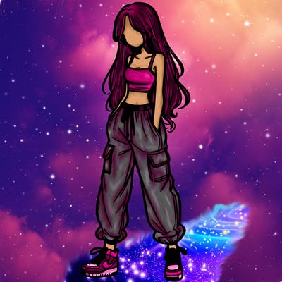 girl in baggy pants crop top and long hair