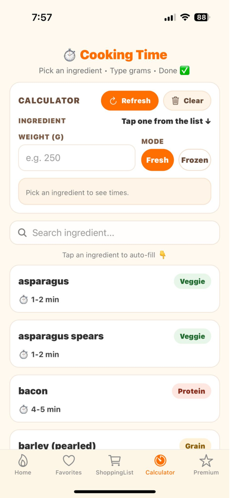 Instapot app - Instapot app cooking time calculator interface showing preparation times for various ingredients like asparagus and bacon