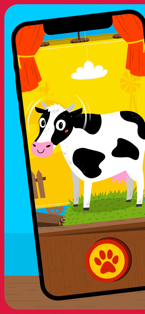A friendly cartoon cow on a yellow theater stage within a preschool educational app