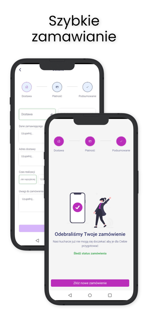 Interface showing the quick ordering and order confirmation screens in the Green Factory Kolno app.