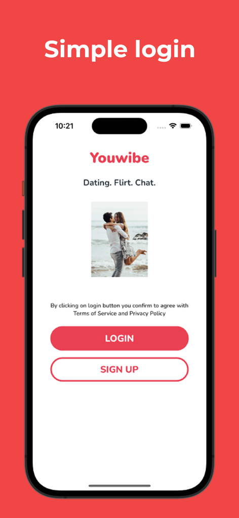 Youwibe - Dating App & Flirt - Youwibe dating app simple login and sign up screen displayed on an iPhone
