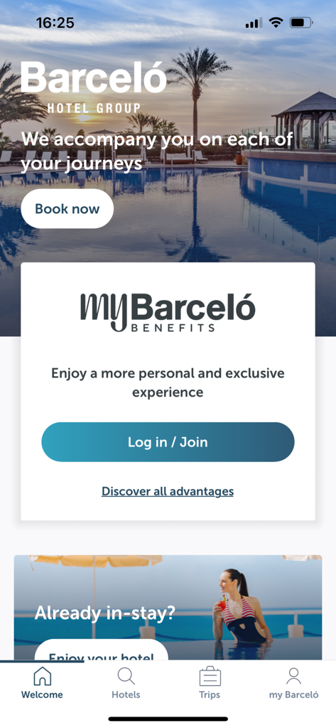 Barceló Hotel Group - Tela inicial do aplicativo Barcelo Hotel Group com reserva de hotel e login do programa de fidelidade