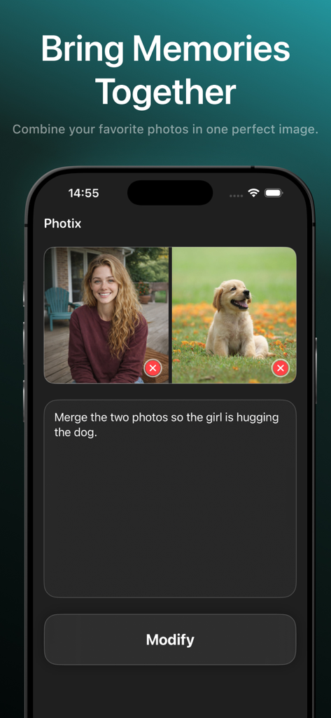 Image Generator - Photix - Photix app interface showing how to merge two photos using an AI text prompt