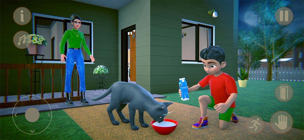 Virtual Scary Cat Simulator 3D - A boy in a red shirt feeding a black cat milk in the Virtual Scary Cat Simulator 3D game