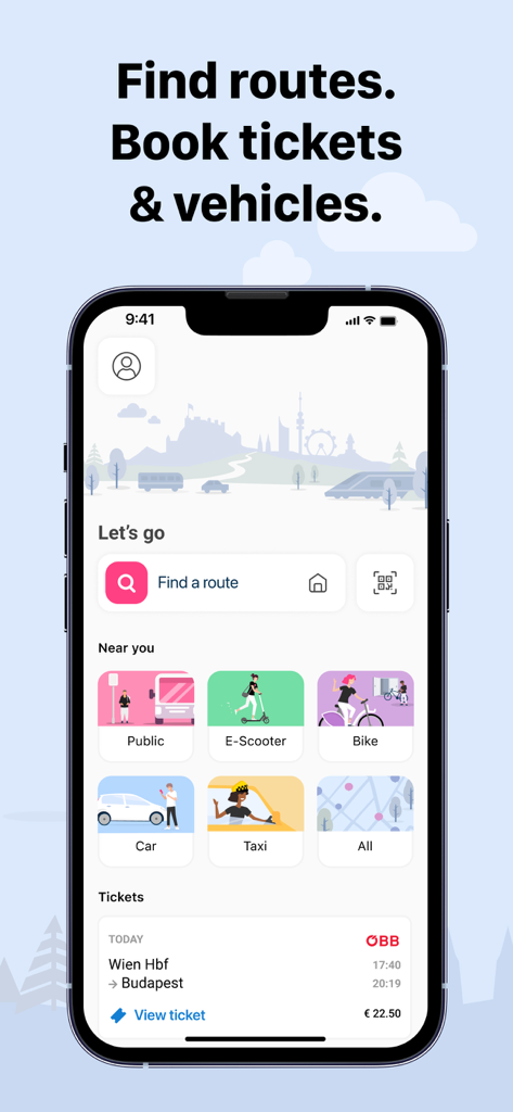 wegfinder - Interface of the wegfinder app showing route planning and multimodal transport options like public transit scooters and bikes