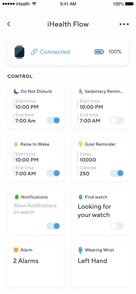 iHealth MyVitals - Smartwatch settings menu in iHealth MyVitals app showing controls for sedentary reminders goal tracking and device notifications