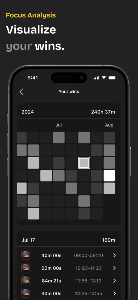 Win Focus: ADHD Focus Timer - Win Focus app screenshot showing a visual grid of focus sessions and daily progress tracking
