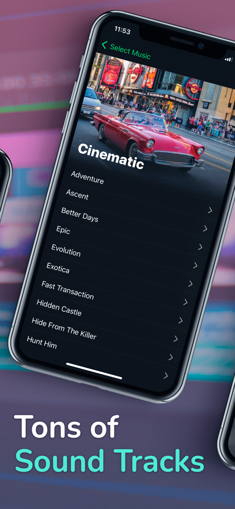 Add Music To Video Intro Maker - Pantalla que muestra la biblioteca de pistas de música cinematográfica en la aplicación 'Añadir Música a Creador de Introducciones de Video'.