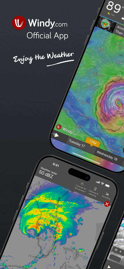 Windy app interface showing storm tracking and weather radar on iPhones