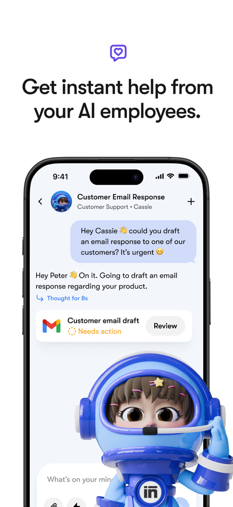 Sintra: AI Employees - Sintra app interface showing an AI employee character named Cassie drafting an urgent customer support email.
