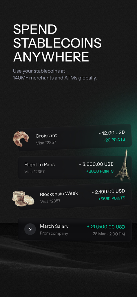 KAST Finance - Interfaz de la aplicación KAST Finance que muestra el historial de transacciones de gasto de stablecoins en viajes y alimentos con puntos de recompensa