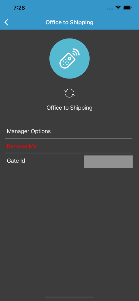 PalGate app interface for managing a gate named Office to Shipping with manager options and gate ID