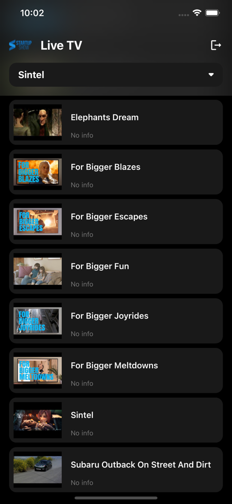 Startup Show app live TV channel list interface with video thumbnails