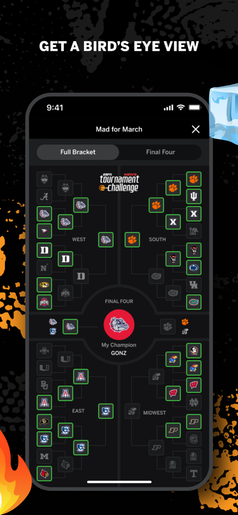 ESPN Tournament Challenge - A birds eye view of the full tournament bracket in the ESPN app showing team progression and the final winner
