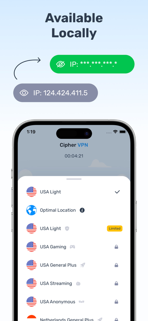 Cipher VPN  - Proxy Master - Cipher VPN app screen showing a masked IP address and a list of USA server locations