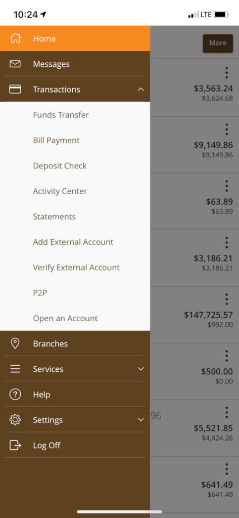 BankWest SD Mobile Banking - Navigation sidebar in the BankWest SD mobile banking app showing transaction and account options