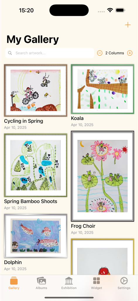 PaintyFrame - photo frame - PaintyFrame app interface showing the My Gallery screen with several framed children drawings including titles and dates