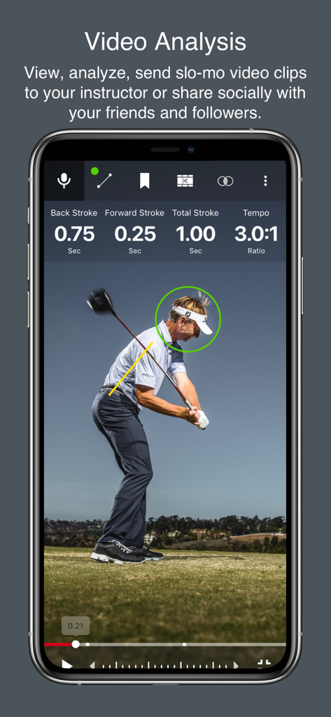 Aplicación móvil Blast Golf que muestra el análisis de vídeo de un swing de golfista con datos de tempo y duración del golpe