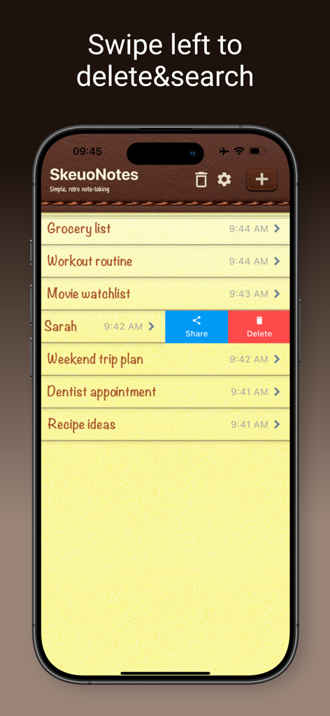 SkeuoNotes - 노트 공유 또는 삭제를 위한 스와이프 제스처가 있는 노란색 질감 종이 노트 목록을 보여주는 SkeuoNotes 앱 인터페이스
