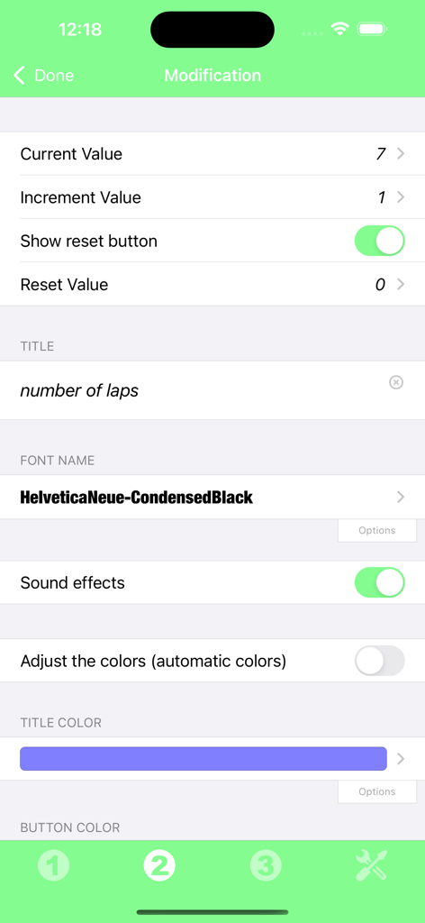 Customization screen for Count Widget showing settings for counter title font and colors