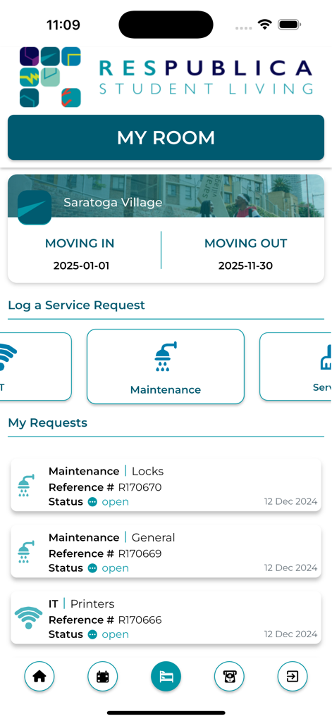 Respublica - Respublica app dashboard displaying moving dates and a list of open maintenance and IT service requests