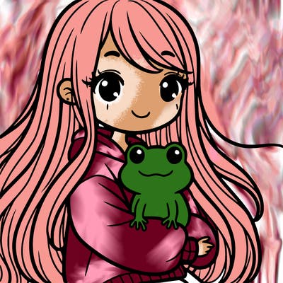 a girl with long hair and a oversized shirt. and she is holding a frog smiling