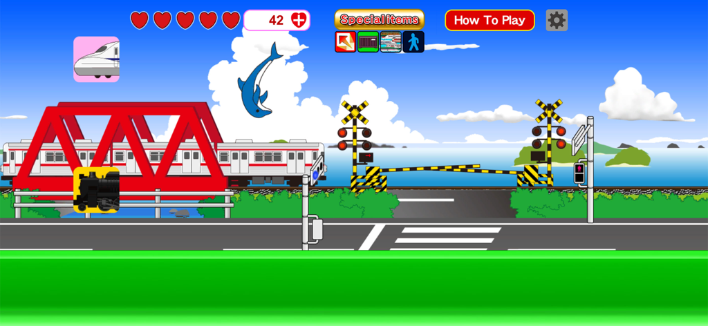 Working Car Vroom S - A cartoon scene with a train crossing a red bridge and a jumping dolphin in a colorful landscape.