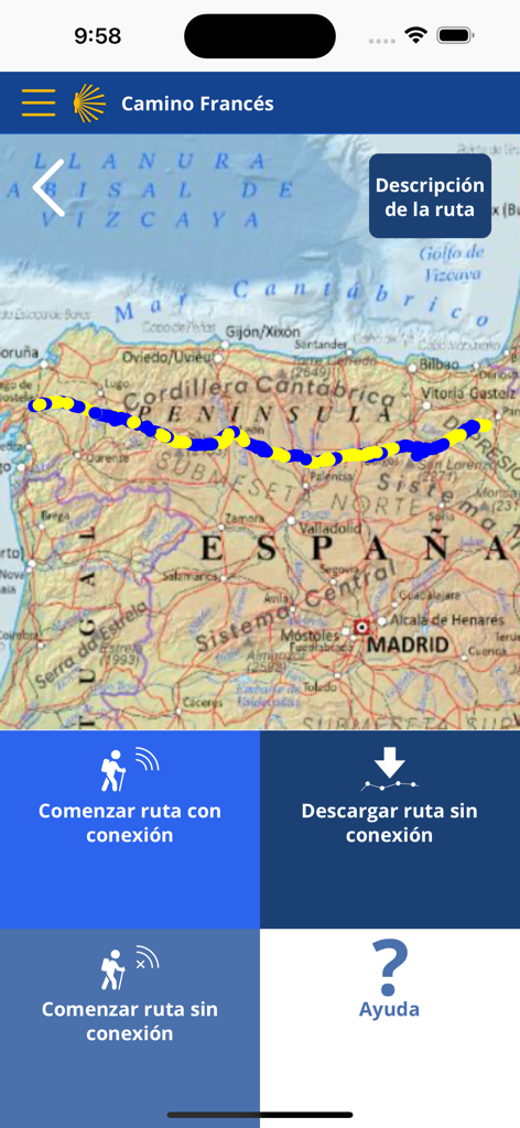 Caminos de Santiago - Schermata dell'app mobile che mostra il percorso del Cammino Francese su una mappa della Spagna con opzioni per il download per l'uso offline.