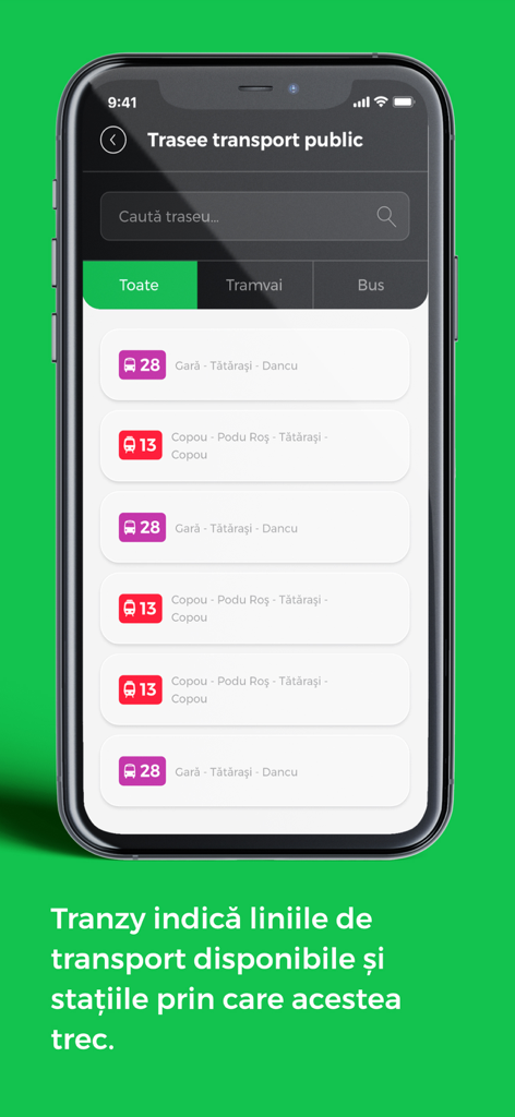 Tranzy - Interface de l'application Tranzy montrant une liste des itinéraires de bus et de tramway disponibles pour la navigation en ville