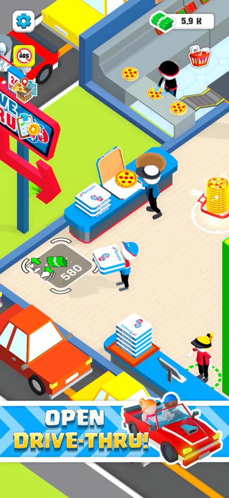 Oh My Pizza - Epic Pizza Games - A top-down view of stickman characters managing a pizza drive-thru with cars waiting in line