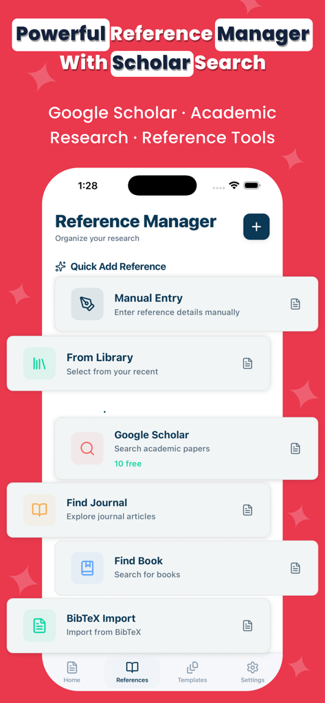 Academic Writing: Research AI - Tela do aplicativo ResearchMate exibindo o gerenciador de referências com opções de pesquisa no Google Scholar e entrada de periódico.