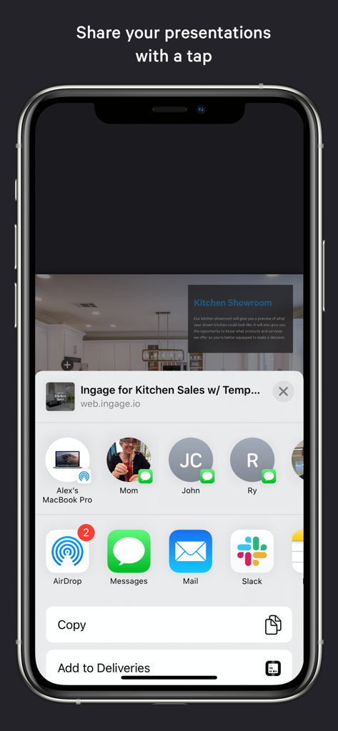 Ingage Presentations - Ingageアプリ内のキッチンセールスプレゼンテーションのネイティブiOS共有シートを表示するiPhone画面。