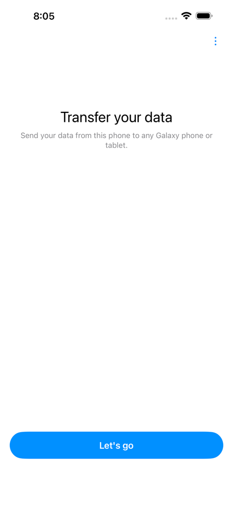 Samsung Smart Switch app interface showing the Transfer your data screen with a Let's go button.