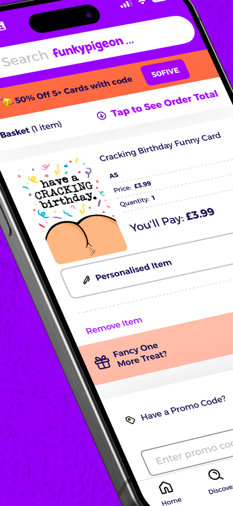 Shopping basket in the Funky Pigeon app showing a personalized funny birthday card and a discount promo banner