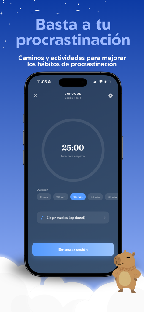 Tranqui - Bienestar Emocional - Tranqui app screen showing a focus timer and sessions to help users overcome procrastination.