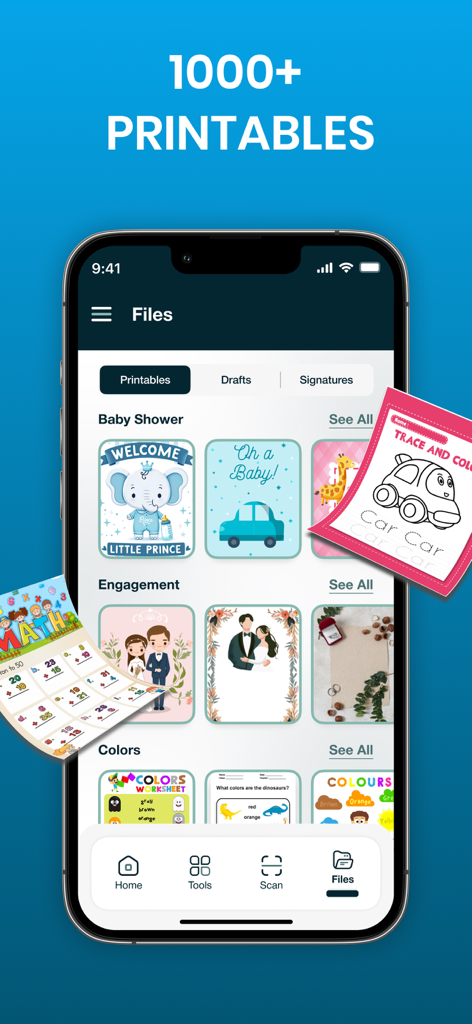 Print: Smart Wireless Printer - Un smartphone affichant une bibliothèque de modèles imprimables pour les événements et l'éducation dans l'application d'imprimante sans fil