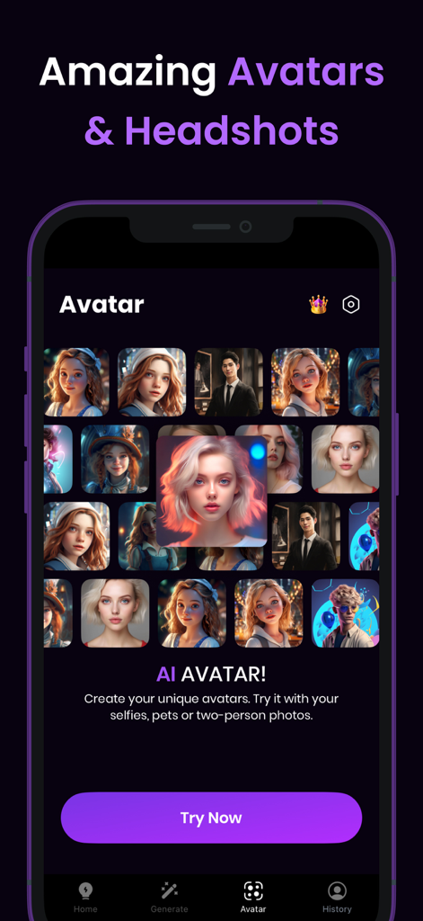 AI Fantasy- AI Image Generator - AI Fantasy app screen displaying a gallery of diverse AI generated avatars and headshots.