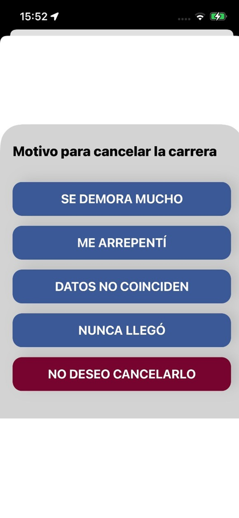 Pantalla móvil de la aplicación Fedotaxi que muestra un menú con razones para cancelar un viaje en español