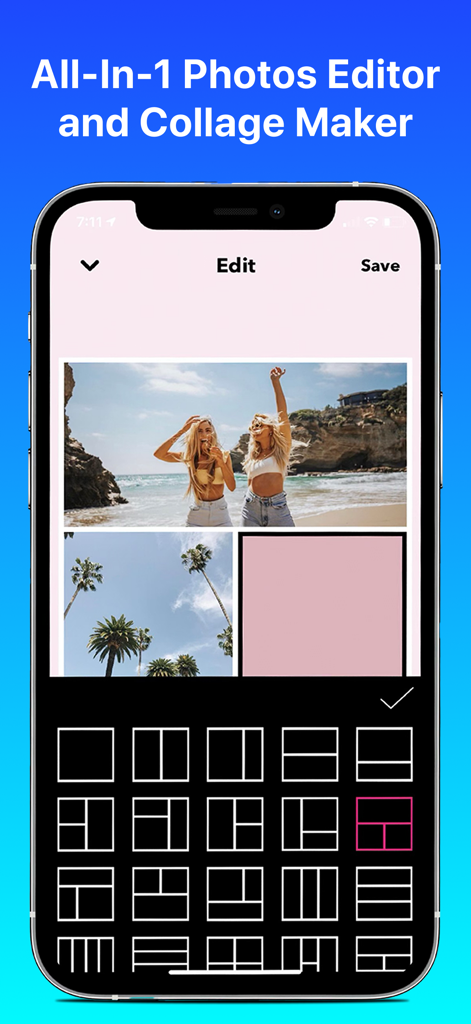 PicMerger Edit Pics & Collages - PicMerger app interface showing various collage layout templates and a preview of a beach photo collage